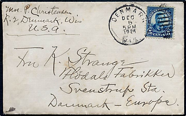 5 cents Roosevelt på brev annulleret Denmark Wis. d. 6.12.1925 til Svenstrup, Danmark.