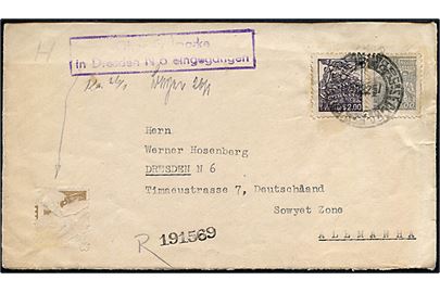 1 ries og 2 ries på anbefalet brev fra Brasilien 1952 til Dresden, Østtyskland. Et mærke mangler og rammestempel Ohne Freimarke in Dresden N 6 eingegangen