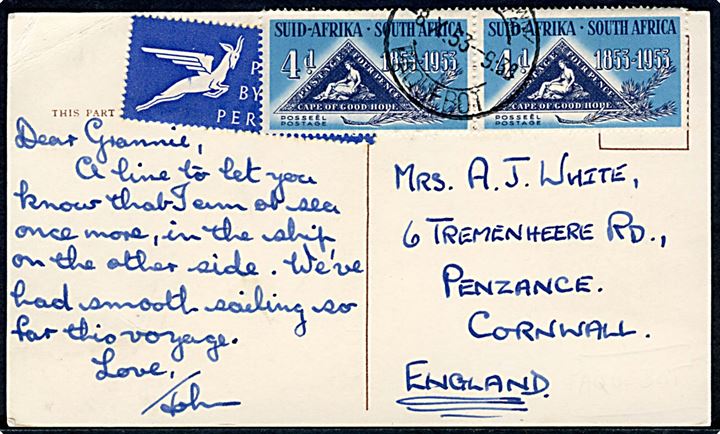 4d Frimærkejubilæum i 2-sproget parstykke på luftpost brevkort (M/S Capetown Castle) annulleret med 2-sproget stempel Capetown (?) / Paquebot d. 8.10.1953 til Penzance, Cornwall, England.