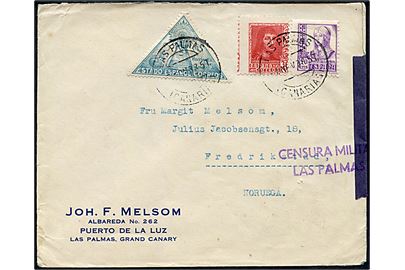 20 cts., 30 cts. og 5 cts. på brev fra Las Palmas (Canaria) d. 7.11.1938 til Frederikstad, Norge. Åbnet af lokal spansk censur i Las Palmas.