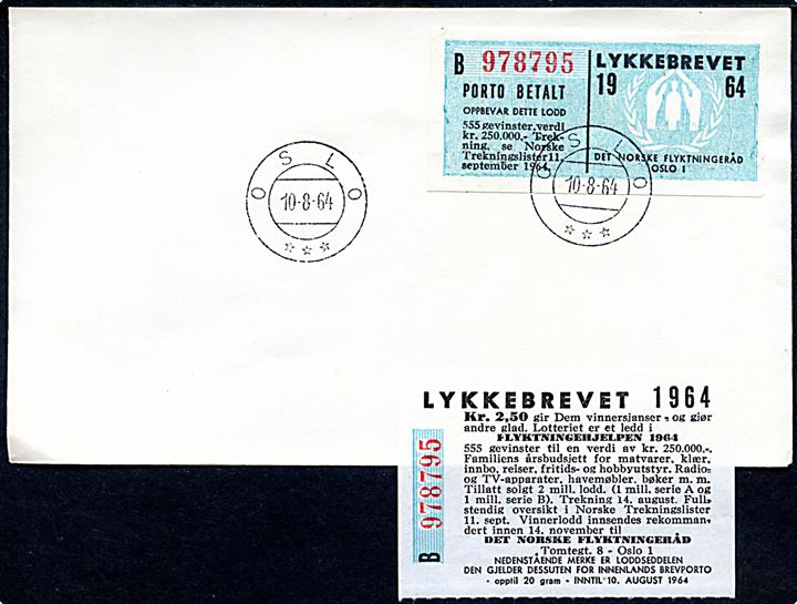 Lykkebrevet mærkat på uadresseret brev stemplet Oslo d. 10.8.1964.