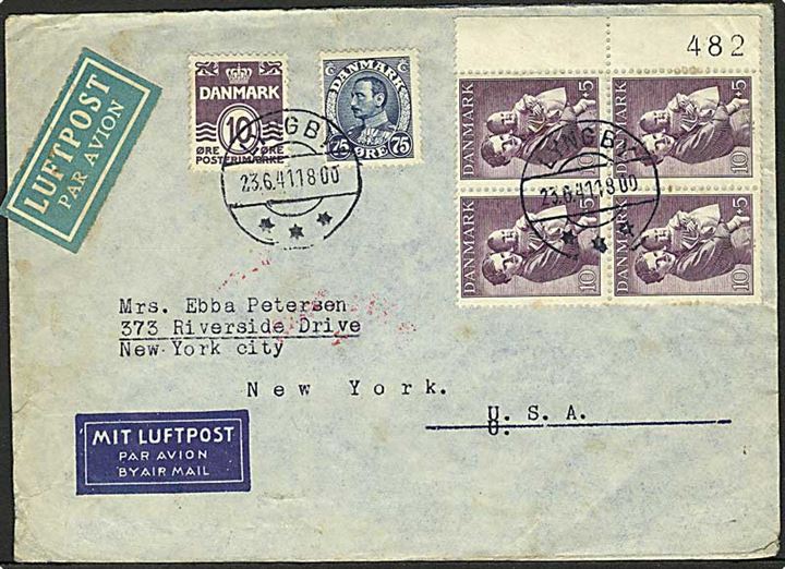 10 øre Bølgelinie, 75 øre Chr. X og 10+5 øre Børneforsorg i fireblok på luftpostbrev fra Lyngby d. 23.6.1941 til New York, USA. Åbnet af tysk censur.