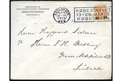 20/30 øre Provisorium på brev annulleret med TMS København *K* / Købestævnet 13-28. Marts København d. 8.3.1926 til Lübeck, Tyskland.