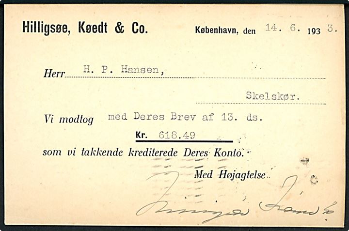 10 øre Bølgelinie med perfin H.K. på brevkort fra firma Hillingsøe, Køedt & Co. fra København d. 14.6.1933 til Skelskør,