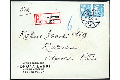 25 øre Karavel i parstykke på anbefalet brev annulleret med brotype Ig Trangisvaag d. 19.2.1930 via Thorshavn til Apolda, Tyskland.