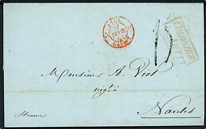 1851. Portobrev fra St. Pierre på Martinique d. 31.1.1851 med rammestempel Colonies & c. Art. 13 via London til Nantes, Frankrig. Flere stempler.
