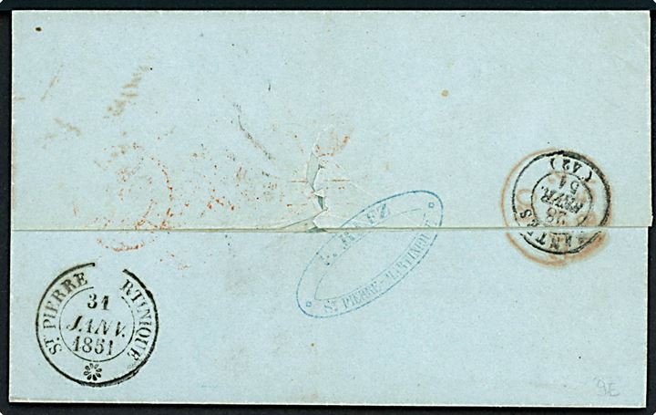 1851. Portobrev fra St. Pierre på Martinique d. 31.1.1851 med rammestempel Colonies & c. Art. 13 via London til Nantes, Frankrig. Flere stempler.