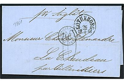 1861. Portobrev fra Götheborg d. 26.9.1861 påskrevet pr. Ångbåt via svensk postkontor Hamburg K.S.P.A. (D) d. 28.9.1861 til Aillevillers, Frankrig. Fransk grænsestempel Suede Quievrain Amb. D. og portostempel.