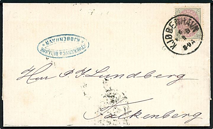 12 øre Tofarvet 4. tryk single på brev annulleret med lapidar Kjøbenhavn KB d. 6.8.1877 via svensk bureau PKXP No.2 d. 7.8.1877 til Falköping, Sverige.