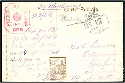 Ufrankeret feltpostkort (Jaffa, strandparti) dateret d. 14.4.1918 med indisk feltpoststempel F.P.O. No. 12 (= HQ 7th Division i Arsuf area) d. 17.4.1918 til Irland. Unit censor no. 885