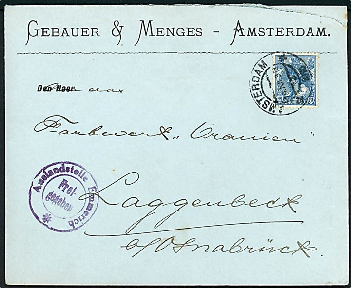 12½ c. på brev fra Amsterdam d. 14.12.1915 til Laggenbeck b. Osnabrück, Tyskland. Tysk censur fra Emmerich.