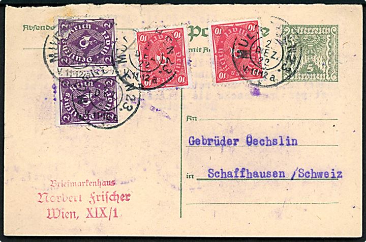 Østrigsk 5 kr. spørgedel af dobbelt helsagsbrevkort opfrankeret med tysk 2 mk. (2) og 10 mk. (2) Infla udg, og sendt fra Muenchen d. 2.12.1922 til Schaffhausen, Schweiz.