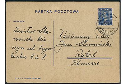 15 gr. helsagsbrevkort fra Cieszyn d. 9.3.1929 til Rytel.