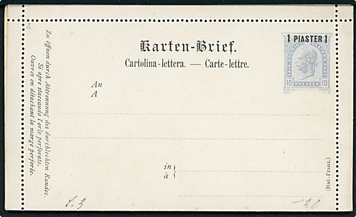 1 Piaster 1/10 kr. Franz Joseph helsags korrespondancekort. Ubrugt. 