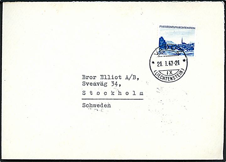 30 c. Schaan single på brev fra Vaduz d. 21.1.1947 til Stockholm, Sverige.