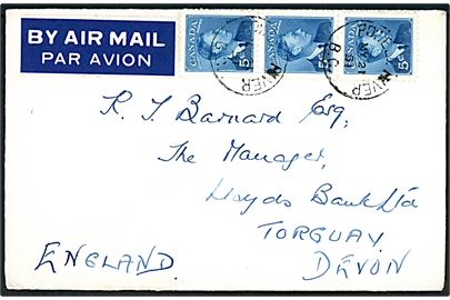 5 c. George VI i 3-stribe på luftpostbrev fra Powell River, British Columbia d. 21.5.1951 til Torquay, England.