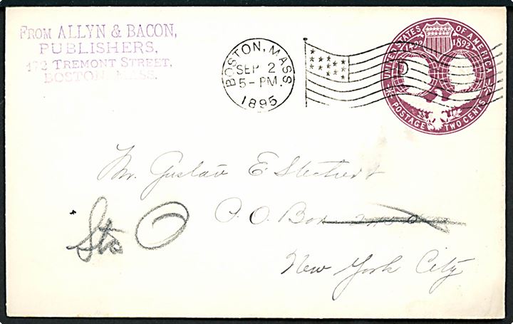2 cents Colombus Landing helsagskuvert fra Boston d. 2.9.1895 til New York.