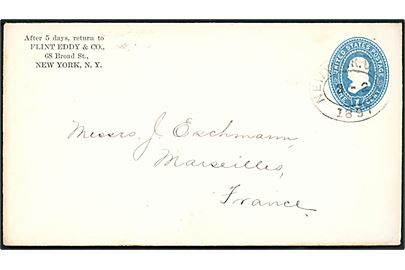 1 cent helsagskuvert sendt som tryksag fra New York d. 2.3.1897 til Marseille, Frankrig.