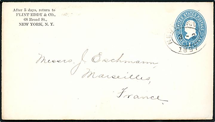 1 cent helsagskuvert sendt som tryksag fra New York d. 2.3.1897 til Marseille, Frankrig.