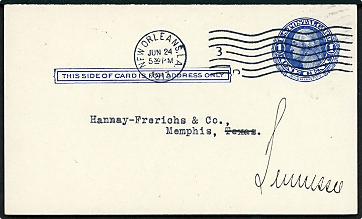 1+1 c. dobbelt helsagsbrevkort fra New Orleans d. 24.6.1913 til Memphis. Vedhængende ubenyttet svardel.