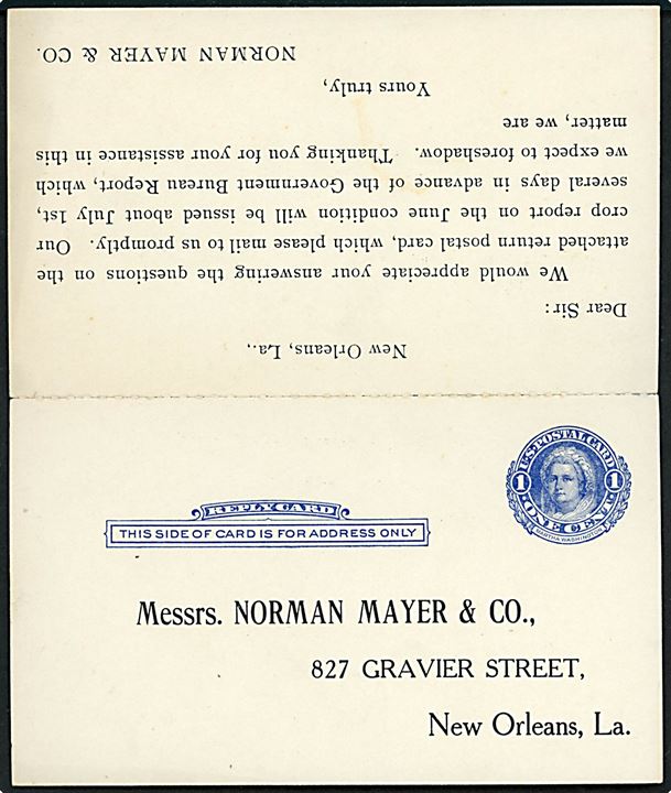 1+1 c. dobbelt helsagsbrevkort fra New Orleans d. 24.6.1913 til Memphis. Vedhængende ubenyttet svardel.