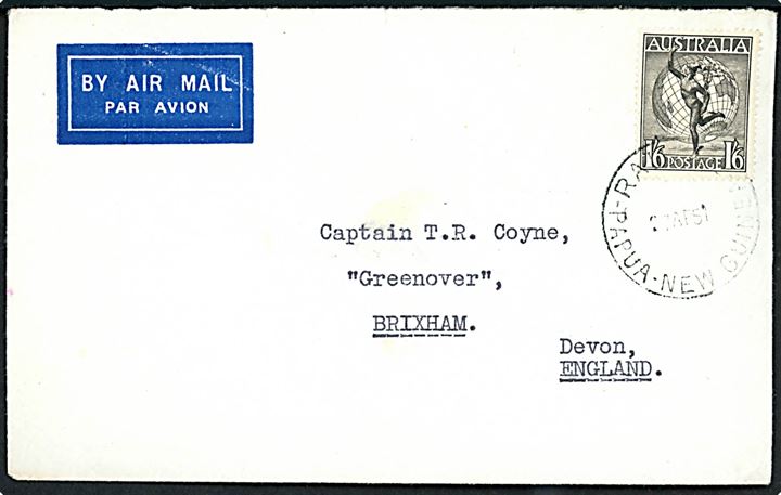 Australsk 1/6 sh. Hermes på luftpostbrev fra Rabaul Papua New Guinea d. 27.4.1951 til Brixham, England. Fra 1945-53 blev der benyttet australske frimærker i Papua New Guinea.60

