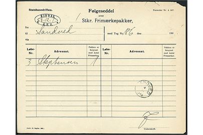 Statsbanedriften Følgeseddel for Frimærkepakke med ovalt stempel Sindal J.F.J. d. 3.12.1901 til Sandved. Ank.stemplet med lapidar VI Sandved d. 4.12.1901.