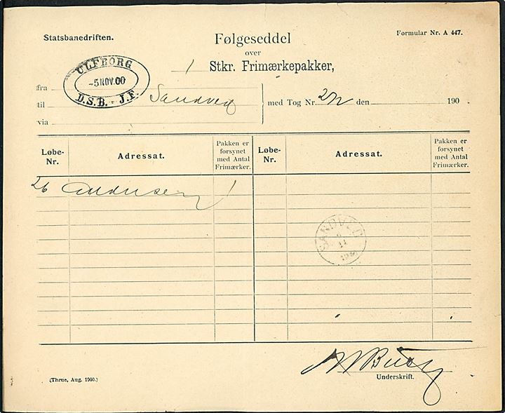 Statsbanedriften Følgeseddel for Frimærkepakke med ovalt stempel Ulfborg D.S.B. - J.F. d. 5.11.1900 til Sandved. Ank.stemplet med lapidar VI Sandved d. 6.11.1900.