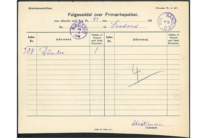 Statsbanedriften Følgeseddel for Frimærkepakke med violet lapidar VI Ringsted d. 16.6.1898 til Sandved. Ank.stemplet med violet lapidar VI Sandved d. 16.6.1898.