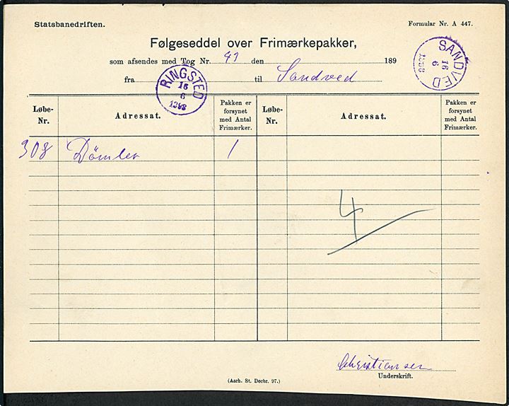 Statsbanedriften Følgeseddel for Frimærkepakke med violet lapidar VI Ringsted d. 16.6.1898 til Sandved. Ank.stemplet med violet lapidar VI Sandved d. 16.6.1898.
