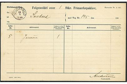 Statsbanedriften Følgeseddel for Frimærkepakke med lapidar VI Sludstrup d. 22.7.1903 til Sandved. Lapidar VI stempel ikke registreret af Vagn Jensen eller Bendix.