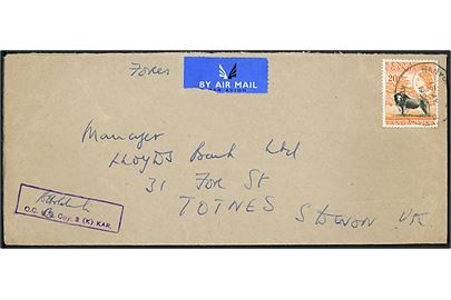 20 c. Elizabeth single på Forces Air Mail luftpostbrev stemplet Nanyuki S O Kenya d. 15.7.1955 til Totnes, England. Rammestempel O.C. H.Q. Coy. 3 (K) KAR.