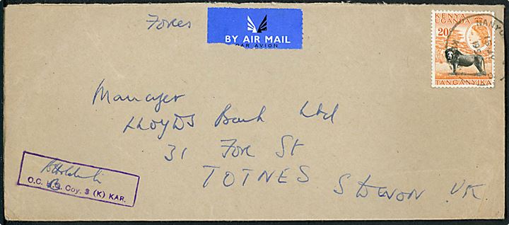 20 c. Elizabeth single på Forces Air Mail luftpostbrev stemplet Nanyuki S O Kenya d. 15.7.1955 til Totnes, England. Rammestempel O.C. H.Q. Coy. 3 (K) KAR.