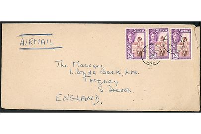 50 c. George VI (3) på luftpostbrev fra Sibu Sarawak d. 5.3.1952 til Torquay, England.