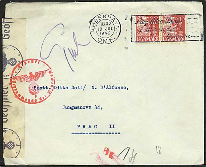20 øre Karavel i parstykke på brev fra København d. 10.7.1942 til Prag, Böhmen-Mähren. Åbnet af tysk censur i Hamburg.