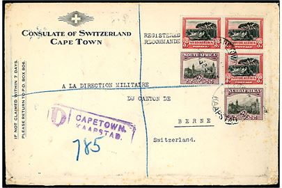 2d (2) og 3d (3) på fortrykt kuvert fra det schweiziske konsulat sendt anbefalet fra Capetown d. 2.11.1929 til Bern, Schweiz. På bagsiden ank.stemplet i Bern d. 27.11.1929 