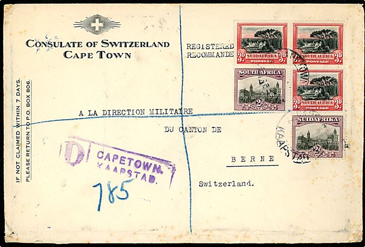 2d (2) og 3d (3) på fortrykt kuvert fra det schweiziske konsulat sendt anbefalet fra Capetown d. 2.11.1929 til Bern, Schweiz. På bagsiden ank.stemplet i Bern d. 27.11.1929 