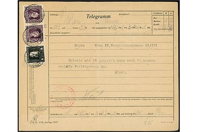 6 h. Franz Joseph og 90 h. Karl 1 (2) K.u.K. Feldpost udg. på telegram med meddelelse fra Wien og annulleret K.u.K. Etappenpostamt Uzice Serbien d. 26.2.1918. 