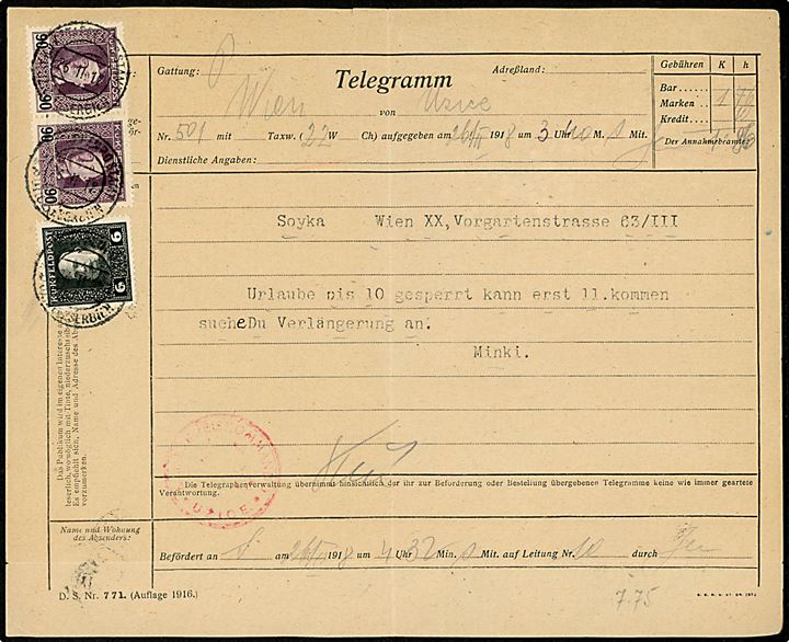 6 h. Franz Joseph og 90 h. Karl 1 (2) K.u.K. Feldpost udg. på telegram med meddelelse fra Wien og annulleret K.u.K. Etappenpostamt Uzice Serbien d. 26.2.1918. 