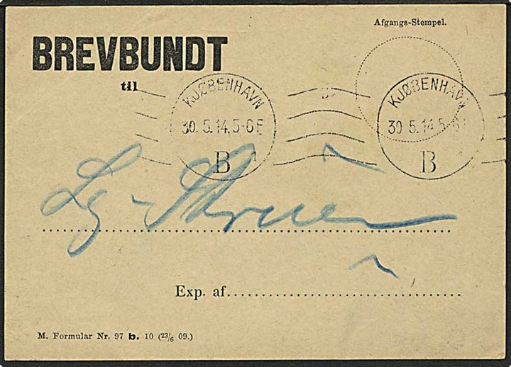 Brevbundt seddel M.Formular Nr. 97 b. 10 (23/6 09.) Stemplet Kjøbenhavn d. 30.5.1914 til bureauet: Langå - Struer.
