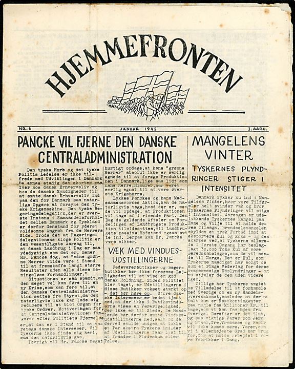 Hjemmefronten 3. Aargang nr. 6  Januar 1945. 4 sider.