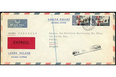 50 m i parstykke på aflangt luftpost ekspresbrev fra Nicosia d. 22.7.1965 til Purley, England.