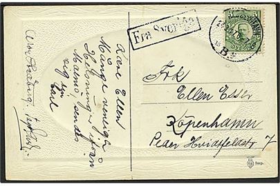 5 öre Gustaf på brevkort stemplet Kjøbenhavn d. 24.3.1917 og sidestemplet Fra Sverige til København.