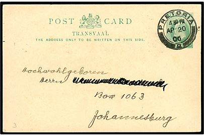 ½d Edward VII helsagsbrevkort fra Pretoria d. 20.4.1906 til Johannesburg. Adresse delvist overstreget.