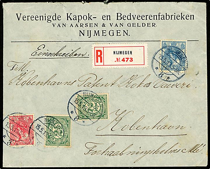 2½ c. Ciffer (2), 5 c. og 12½ c. Wilhelmina på anbefalet brev fra Nijmegen d. 15.5.1913 til København, Danmark.