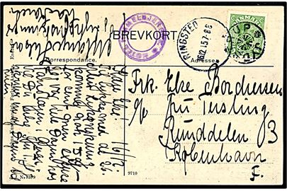 5 øre Chr. X på brevkort annulleret med stjernestempel JYDSTRUP og sidestemplet Ringsted d. 16.12.1915 til København.