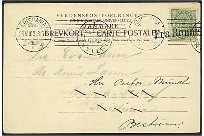 5 øre Våben på brevkort fra Bornholm d. 26.7.1905 annulleret med skibsstempel Fra Rønne til Kristiania, Norge - eftersendt.