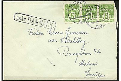 5 øre Bølgelinie i 3-stribe på skibsbrev annulleret med svensk stempel Malmö d. 5.4.1933 og sidestemplet Från Danmark til Malmö, Sverige.