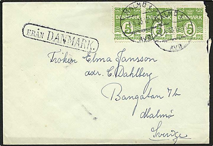 5 øre Bølgelinie i 3-stribe på skibsbrev annulleret med svensk stempel Malmö d. 5.4.1933 og sidestemplet Från Danmark til Malmö, Sverige.