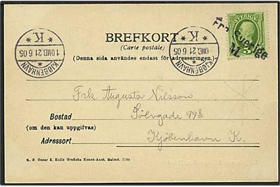 Svensk 5 öre Oscar på brevkort annulleret med skibsstempel Fra Sverige M. og sidestemplet Kjøbenhavn d. 21.6.1905 til København, Danmark.